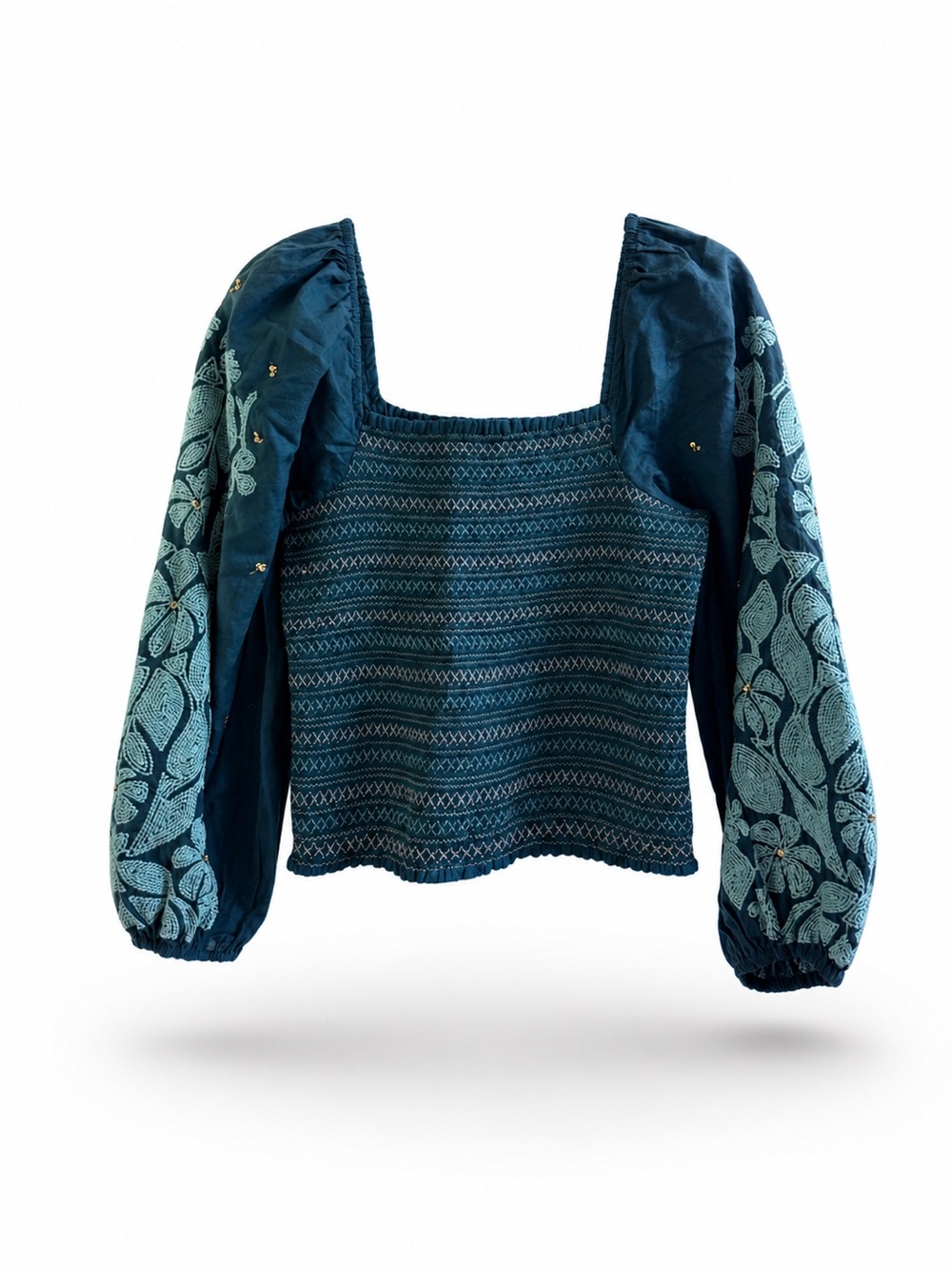 Anthropologie Teal Blue Embroidered Puff-Sleeve Square-Neck Blouse Size M